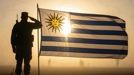 Uruguayan soldier in silhouette saluting the national flag at sunrise. A patriotic scene of military respect, honor, and duty. - Powered by Adobe