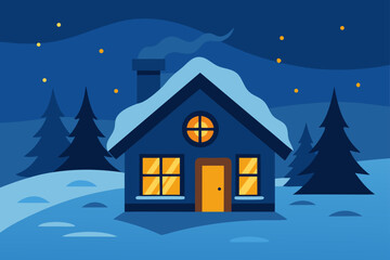 Naklejka premium Cozy Winter Cabin With Glowing Windows In Snow