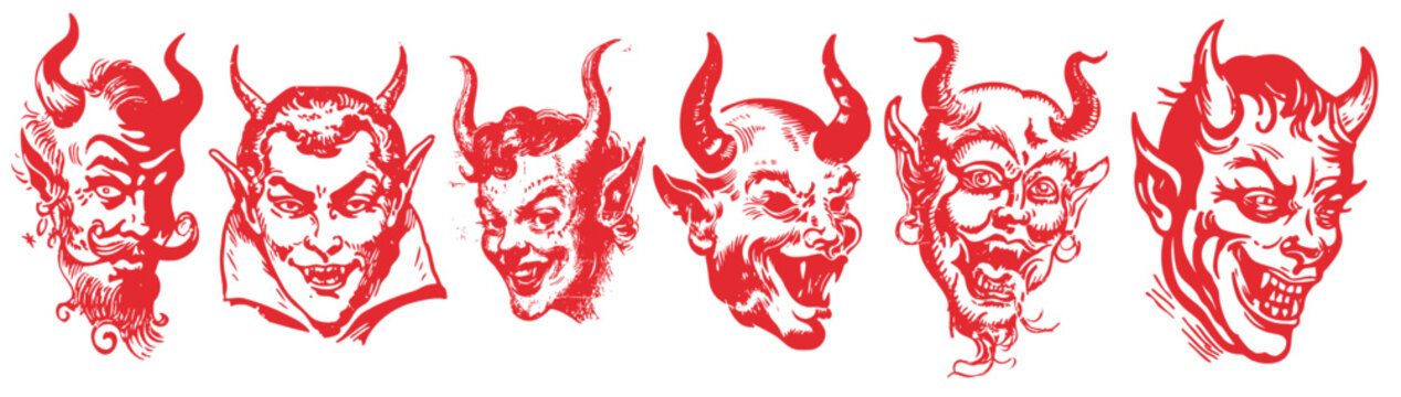 Halloween devil head illustration set in vintage style sketch