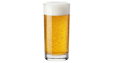 Isolated tall beer glass of light golden lager with bubbles and foamy head on neutral surface