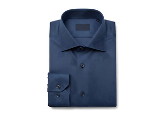 A folded navy blue dress shirt with a textured pattern, featuring a classic collar, buttondown front, and a single chest pocket, isolated on white background
