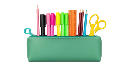 Isolated pencil case filled with school supplies for writing and drawing, stationery set
