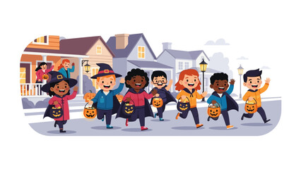 Halloween Street Fun: A cheerful illustration depicts children in costumes trick-or-treating on a street filled with anticipation and spooky decorations. 
