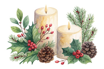 Watercolor Candle with Holly and Pine vector illustration 