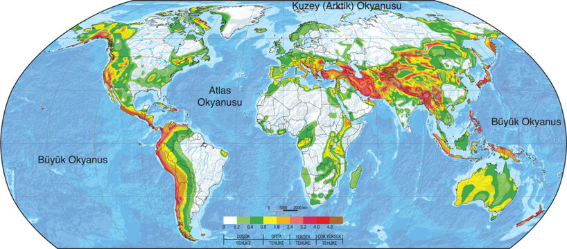 World earthquake risk map. Turkish: D&uuml;nyada deprem riski haritası.