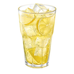 Refreshing iced tea with lemon slices and ice cubes in a tall glass