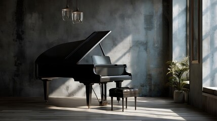 Elegant grand piano in a stylish room with modern decor and natural light streaming through large windows