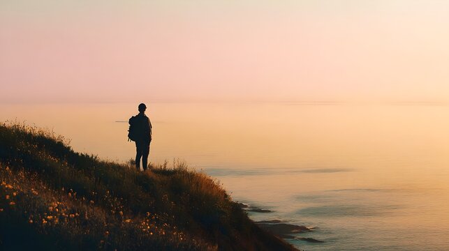 Silhouette of a lone figure on a coastal cliff during sunset, gazing over calm ocean waters - Powered by Adobe
