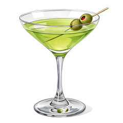 Classic green martini cocktail with olives on a black background