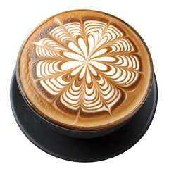Overhead view of a latte with intricate foam art on a black saucer