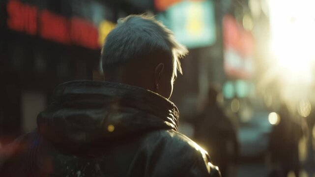 Man in black jacket walking down city street. Male in jacket backlit in the city. A solitary street with a solitary sunlight. A man wearing a black jacket strolls along an urban street lifestyle.