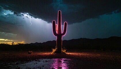 A striking saguaro cactus glows with ethereal light, standing strong in a remote desert landscape illuminated by the raw energy of a dramatic lightning storm