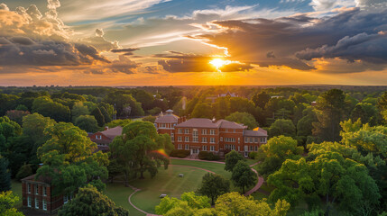 Aerial shot of the red brick buildings on the campus of the University of Georgia and vast miles of lush green trees with powerful clouds at sunset in Athens Georgia USA