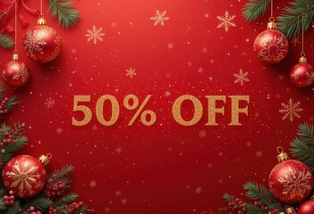 Golden 50% OFF text with Christmas ornaments on festive red background.