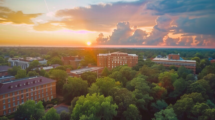 Aerial shot of the red brick buildings on the campus of the University of Georgia and vast miles of lush green trees with powerful clouds at sunset in Athens Georgia USA