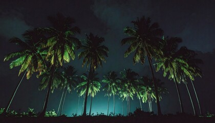 Serene night scene showcasing a cluster of majestic palm trees under a moody, dramatic sky