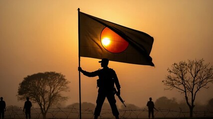 Silhouette of a patriotic Bangladeshi soldier holding the national flag against a golden sunrise sky.