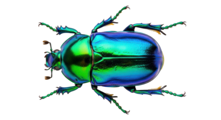 Isolated rainbow scarab beetle, shimmering iridescent sheen on natural light, nature close up