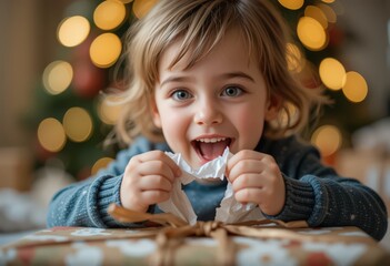 Excited child opening Christmas gift with glowing tree lights in background.