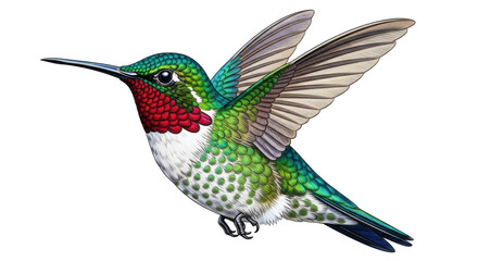 Isolated Ruby-Throated Hummingbird flying, detailed feathers, avian illustration, delicate nature