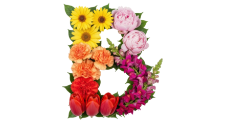 Isolated floral letter B made of colorful flowers and fresh green leaves, springtime nature