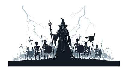 Fototapeta premium Mystic Shadow: A stoic silhouette of a powerful wizard leading an army of skeletal warriors against a backdrop of ominous storm clouds. evoking a sense of ancient battles and arcane magic.