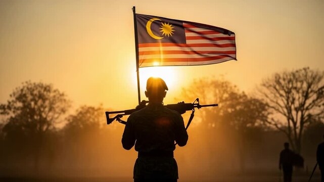 Silhouette of a Malaysian soldier holding a rifle and the national flag of Malaysia during a beautiful sunrise. Patriotic military concept.