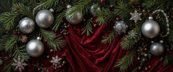Silver Christmas ornaments and pine branches on red velvet fabric background.