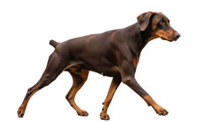 Isolated Doberman Pinscher on display, confident walking pet, brown and tan short haired dog