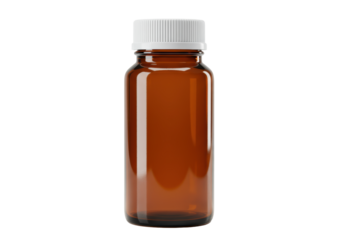 Isolated empty pharmaceutical amber bottle with white cap ready for medicine supplement