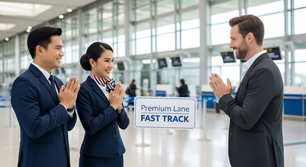 Two airline employees greet a businessman at an airport terminal, welcoming him.