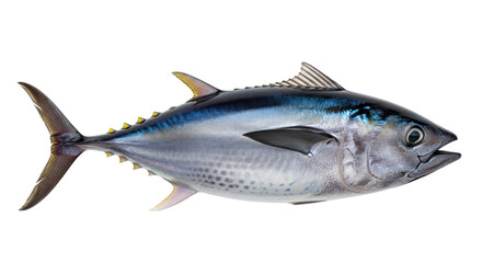Isolated yellowfin tuna swimming, close-up of whole fresh raw fish, silver skin and blue back