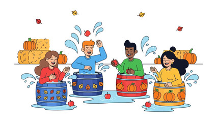 Apple Bobbing Fun: A vibrant illustration captures the jovial spirit of apple bobbing, with a group of friends enjoying a lively autumnal activity filled with laughter and fun. 