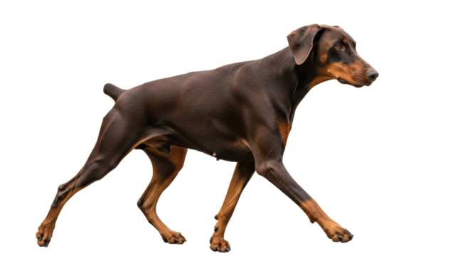 Isolated Doberman Pinscher on display, confident walking pet, brown and tan short haired dog