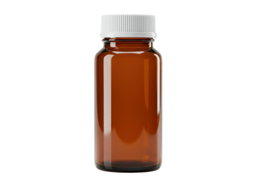 Isolated empty pharmaceutical amber bottle with white cap ready for medicine supplement