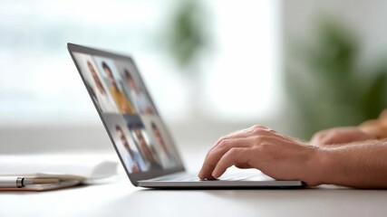 Close up male hands typing on laptop keyboard, businessman working remotely from home office attending online group video conference meeting on laptop, work from anywhere concept - Powered by Adobe