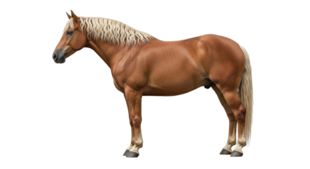 Isolated golden palomino horse with a long blond mane and tail stands in profile view