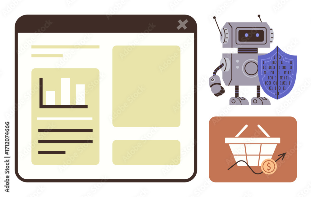 Aufkleber robot with shield, e-commerce basket with upward graph, dashboard with chart and text. ideal for ai,