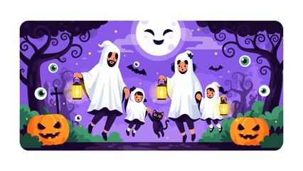 Halloween Family Costume: An adorable family dressed in ghost costumes strolls through a spooky Halloween landscape. pumpkins and full moon gives the image of festive spirit.