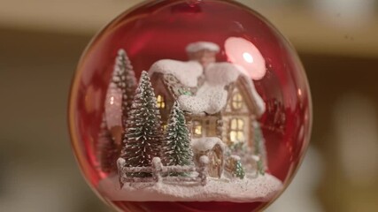 Festive Red Bauble with Winter Village Scene - A close-up shot of a red glass Christmas bauble containing a miniature winter village scene. - Powered by Adobe