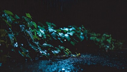 Mysterious close-up of a rain-soaked leafy branch on a dark, wet surface, with glistening water droplets under cool, moody lighting