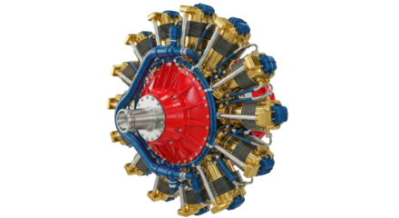 Isolated multi-cylinder aircraft radial engine for plane close-up with metal parts design