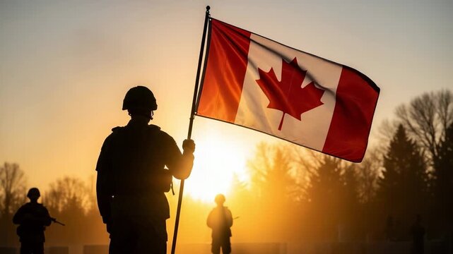 Silhouette of a Canadian soldier holding the national flag of Canada at sunrise. Military tribute and national pride concept.