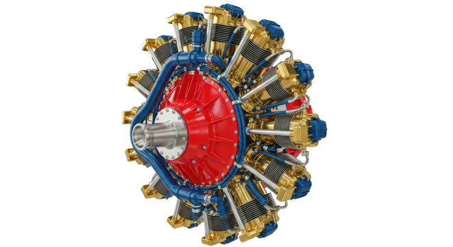 Isolated multi-cylinder aircraft radial engine for plane close-up with metal parts design
