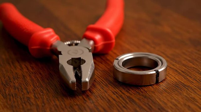 Red-Handled Pliers and Retaining Ring - Close-up view of red-handled snap ring pliers positioned next to a circular retaining ring on a dark brown wooden surface.
