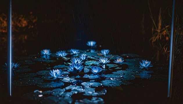 Enchanted Night Bloom Glowing Blue Water Lilies in Dark Pond