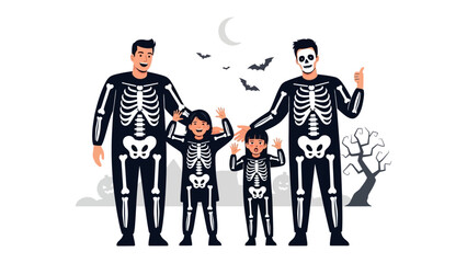 Spooky Family: A fun family dressed in skeleton costumes stands together on Halloween night under a spooky scene, ready for trick-or-treating.