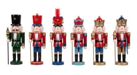 Isolated collection of wooden Nutcracker soldiers with staffs standing side by side on floor