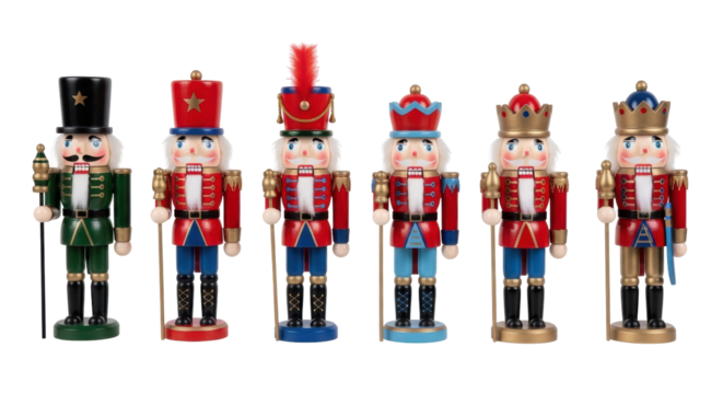 Isolated collection of wooden Nutcracker soldiers with staffs standing side by side on floor