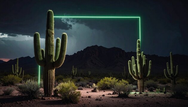 Neon Frame Around Giant Saguaro Cacti in a Desert Landscape Under a Stormy Sky